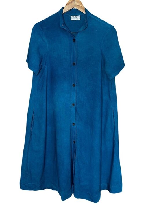 Swahili Coast Dresses & Skirts - Swahili Coast Linen Dress Medium Blue Button Front Midi Ethical Artisan Pocket